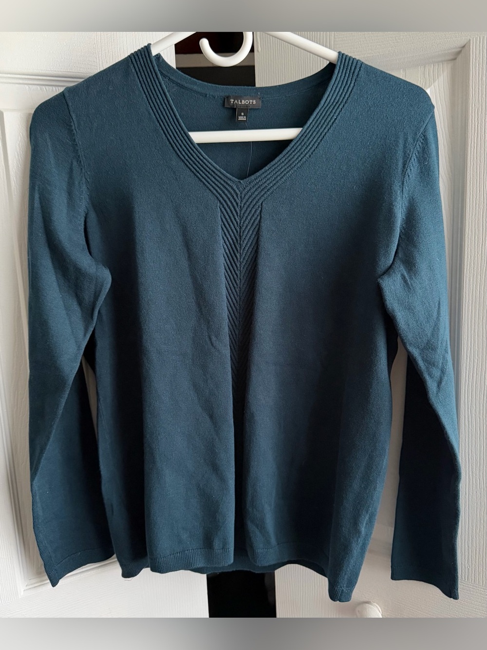 Talbots NWT Women's Teal V-Neck Ribbed Chevron Knit Sweater
